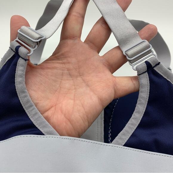 Fabletics Zoe High Impact Zip Front Cross Back Strap Sports Bra Blue/Grey - Picture 11 of 12
